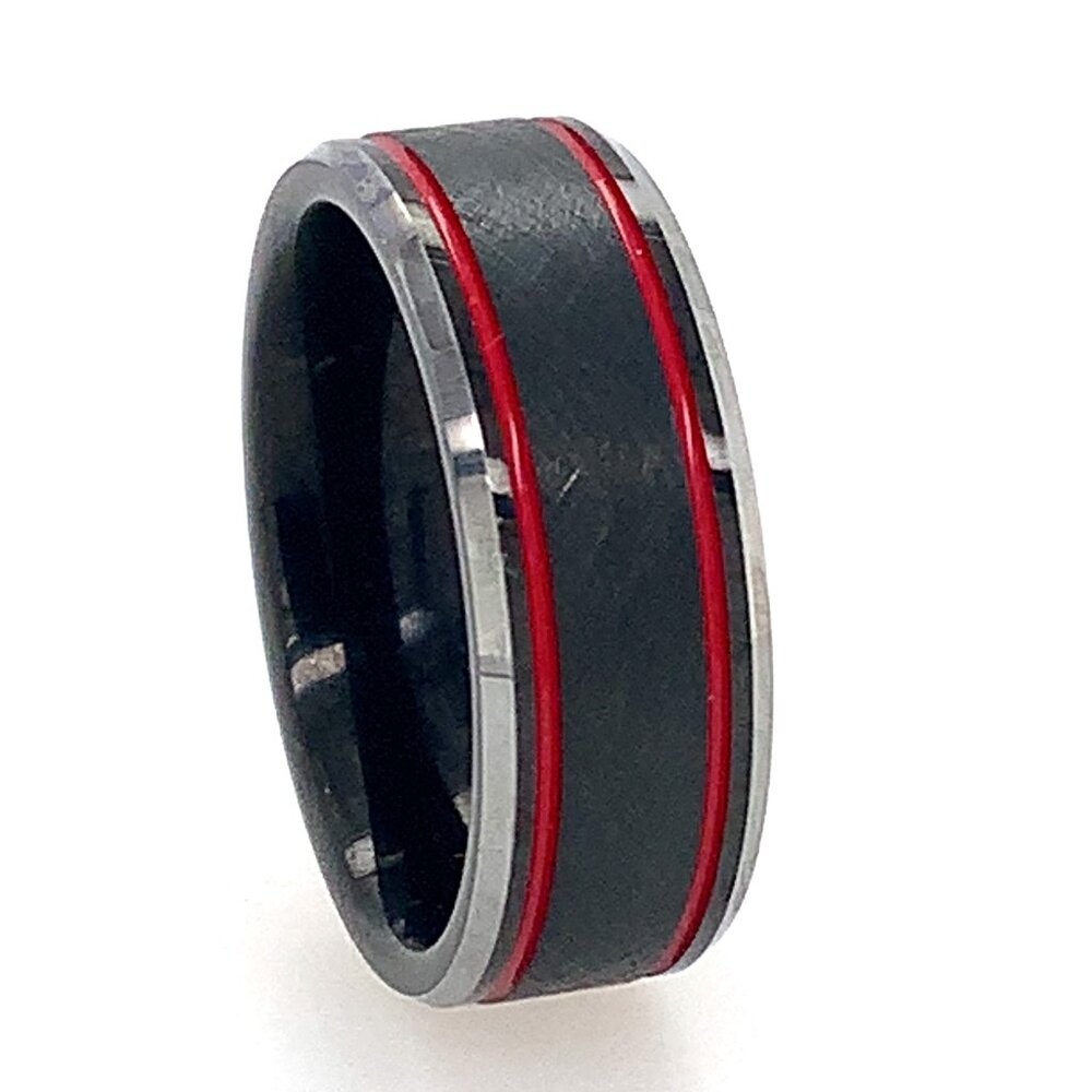 Black Tungsten Carbide Wire Finish With 2 Red Stripes Beveled Edges  8mm Sz 9.5